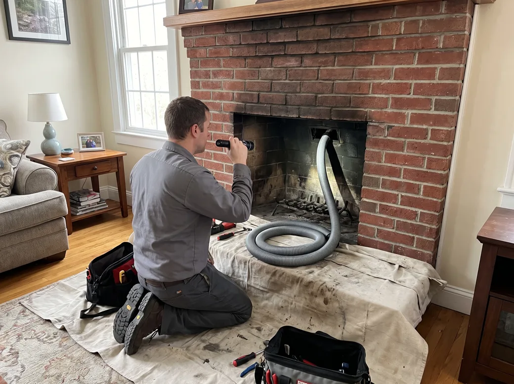 A technician kneels on a drop cloth at a brick fireplace with a flashlight, a HEPA vacuum hose fed into the firebox