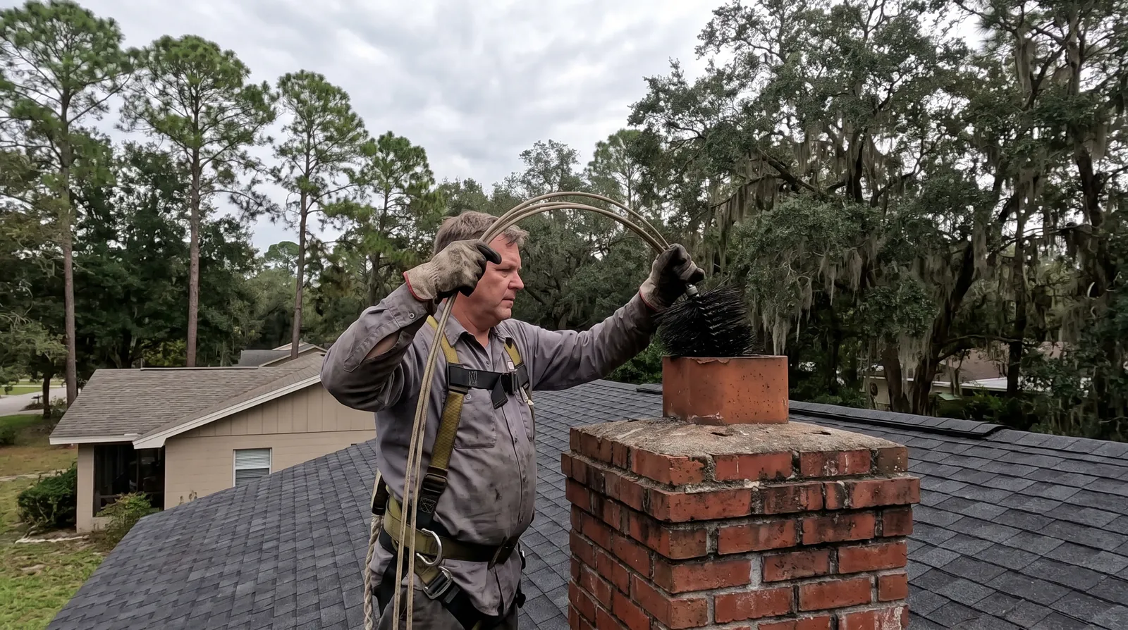 A chimney sweep in a safety harness feeds a brush into a brick chimney on a shingle roof, live oaks with Spanish moss behind him