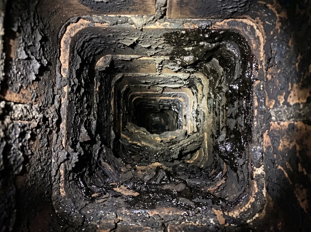 A clay chimney flue liner coated in black, glazed creosote
